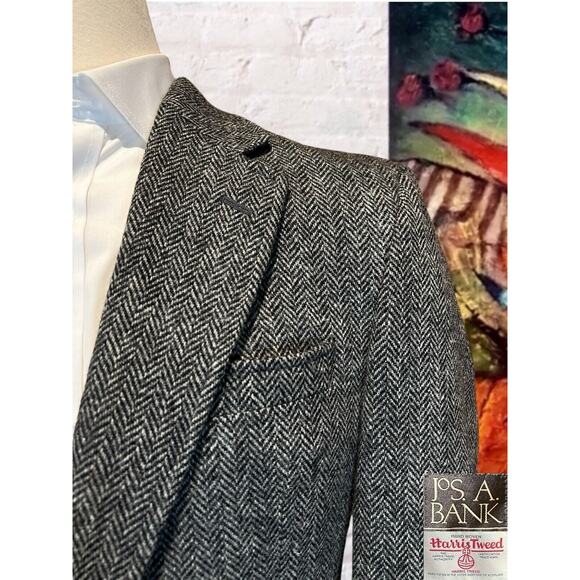 Harris Tweed Jos A Bank 40R Black Gray Herringbone Blazer Sport Coat Jacket - Picture 3 of 16